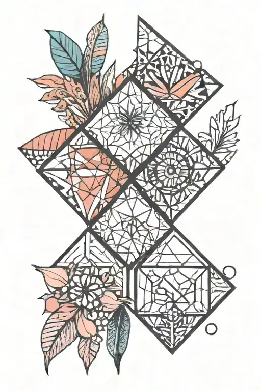 three small geometric design inspired coral tattoos in bright colors with  minimal detail tattoo design idea