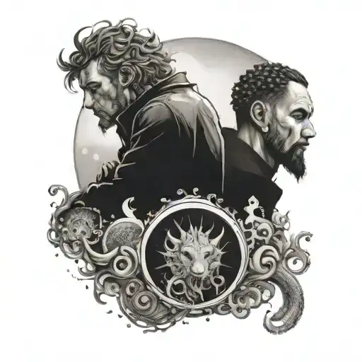 man inside bubble and in front a leo and a dragon tattoo design idea