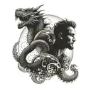 man inside bubble and in front a leo and a dragon tattoo design idea