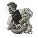 man inside bubble and in front a leo and a dragon tattoo design idea