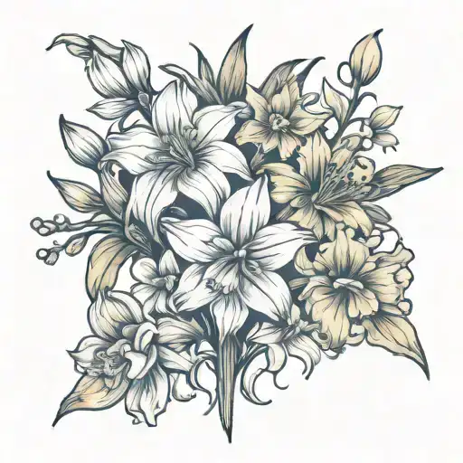 Create a single line tattoo of a bouquet with the flowers daffodil, gladiolus, cosmos, chrysanthemum and narcissus tattoo design idea
