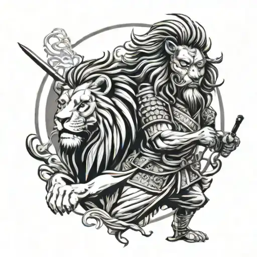 A lion and samurai facing off in a traditional Japanese setting tattoo design idea