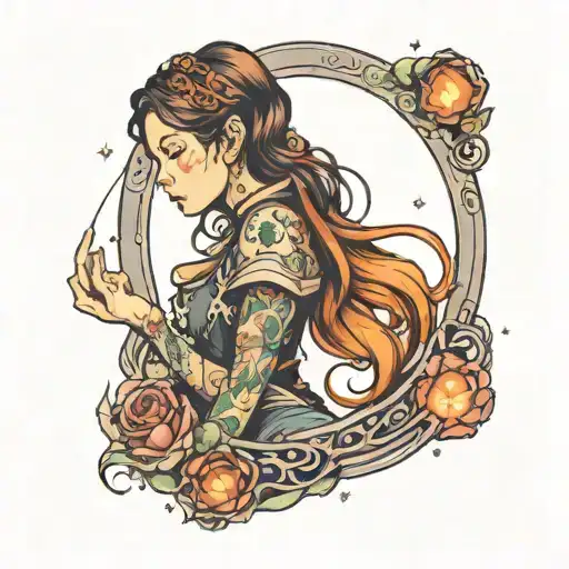 a girl facing an open door that leads to a galaxy  tattoo design idea
