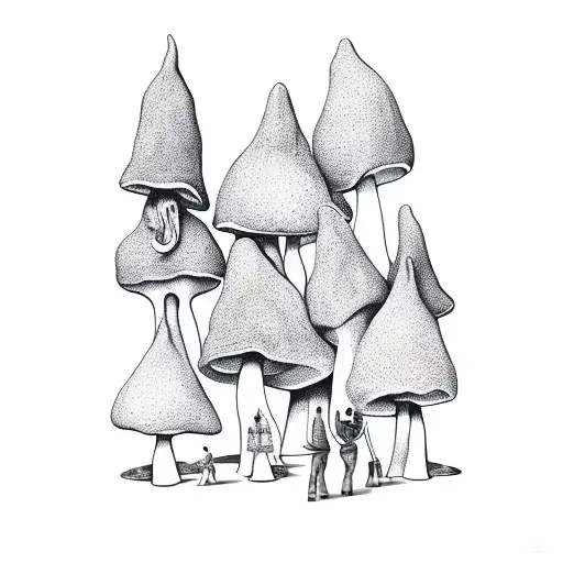 A group of friends on a magical mushroom trip, surrounded by surreal landscapes tattoo design idea