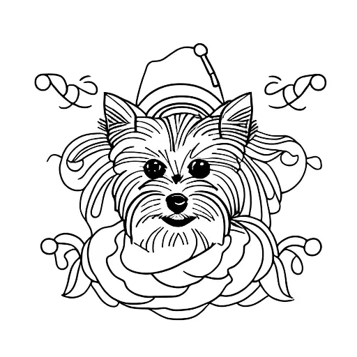 A minimalist tattoo of a Yorkshire terrier frolicking in a field of vibrant flowers tattoo design idea
