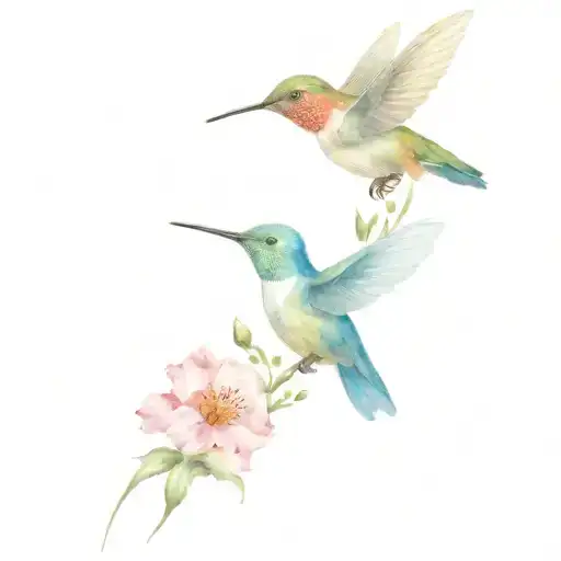 hummingbird, rose, poppy flower, cosmos flower and morning glory flower with names Justine, Raphaël and Gabrielle tattoo design idea