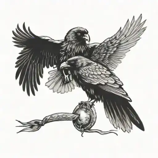 a raven and an owl flying side by side, both holding a snake tattoo design idea