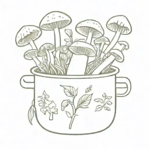 A minimalist tattoo of a cooking pot filled with mushrooms and herbs, symbolizing the client's interest in cooking and botany tattoo design idea