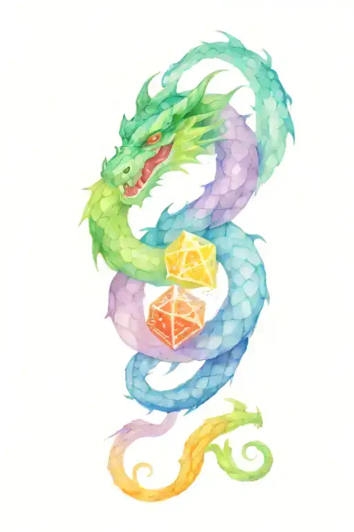 dragon coiled around dice dungeons and dragons intertwined tattoo design idea