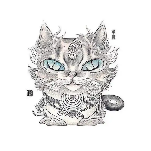A new-school tattoo of a cat playing a traditional Japanese instrument surrounded by tebori-inspired waves tattoo design idea