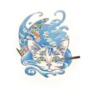 A new-school tattoo of a cat playing a traditional Japanese instrument surrounded by tebori-inspired waves tattoo design idea