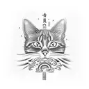 A new-school tattoo of a cat playing a traditional Japanese instrument surrounded by tebori-inspired waves tattoo design idea