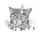 A new-school tattoo of a cat playing a traditional Japanese instrument surrounded by tebori-inspired waves tattoo design idea