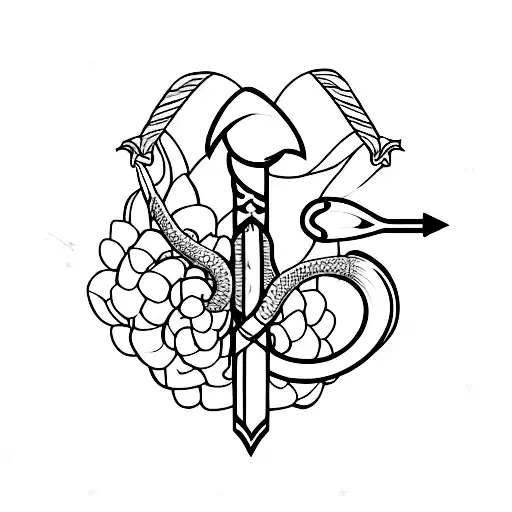 female, bow, arrow, conch Shells, Kniffe, snake tattoo design idea