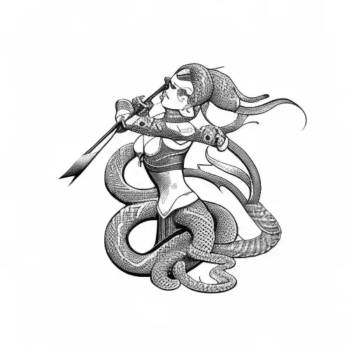 female with bow and arrow, snake, kniffe, rainbow, conch shells tattoo design idea