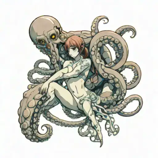 nude anime girl getting dominated by an octopus wrapped tattoo design idea