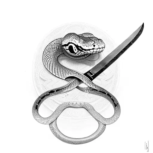 A snake intertwining with a sword, with ruby eyes for both tattoo design idea