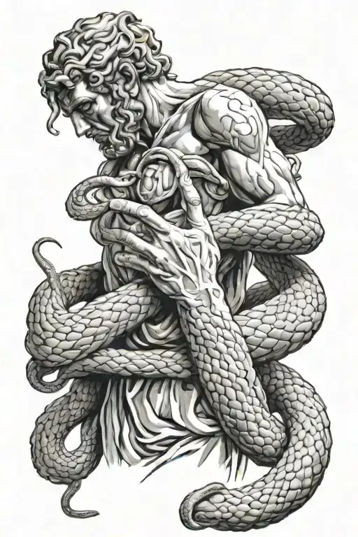 Asclepius the greek god with half of his body showing and his hand out reach for a snake slithering downward to his hand tattoo design idea
