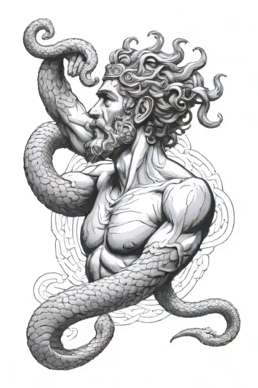 Asclepius the greek god with half of his body showing and his hand out reach for a snake slithering downward to his hand tattoo design idea