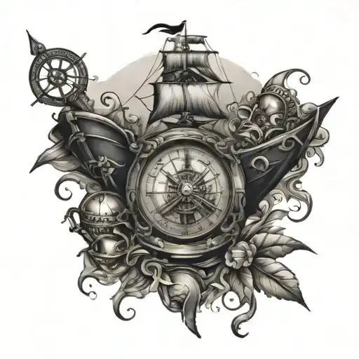pirates of the Caribbean style with compass, black pearl ship, the kraken, jar of dirt  tattoo design idea