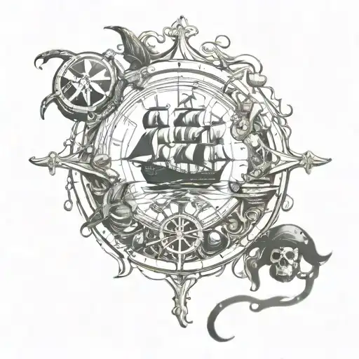 pirates of the Caribbean with compass, black pearl ship, kraken, jar of dirt  tattoo design idea