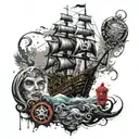 pirates of the Caribbean with compass, black pearl ship, the kraken, jar of dirt  tattoo design idea