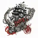 pirates of the Caribbean with compass, black pearl ship, the kraken, jar of dirt  tattoo design idea