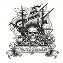 pirates of the Caribbean with compass, black pearl ship, kraken, jar of dirt  tattoo design idea