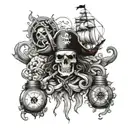 pirates of the Caribbean with compass, black pearl ship, kraken, jar of dirt  tattoo design idea