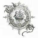 pirates of the Caribbean with compass, black pearl ship, kraken, jar of dirt  tattoo design idea