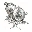 pirates of the Caribbean with compass, black pearl ship, kraken, jar of dirt  tattoo design idea