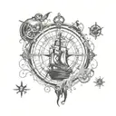 pirates of the Caribbean with compass, black pearl ship, kraken, jar of dirt  tattoo design idea