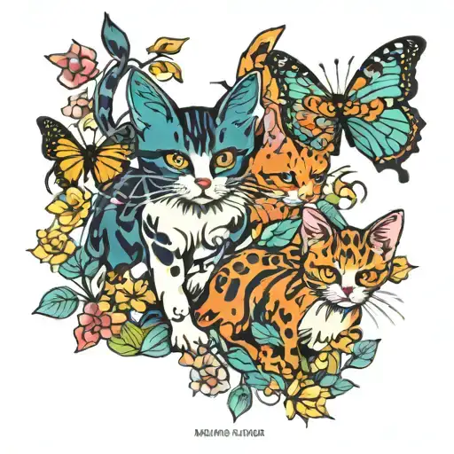 colorful cats chasing butterflies tattoo design idea