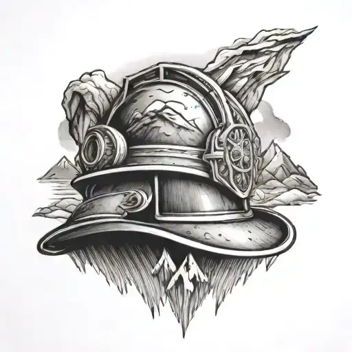 A black and grey tattoo of a firefighter's helmet with mountain peaks in the background tattoo design idea