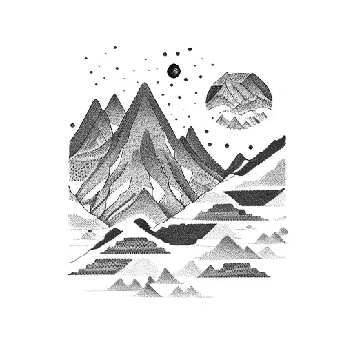 A dotwork tattoo of a mountain range with a winding road leading to Phuket, representing the client's love for traveling and mountains tattoo design idea