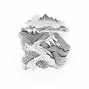 A dotwork tattoo of a mountain range with a winding road leading to Phuket, representing the client's love for traveling and mountains tattoo design idea