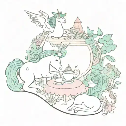 A whimsical scene of a unicorn and kids having a tea party in a fairy garden tattoo design idea