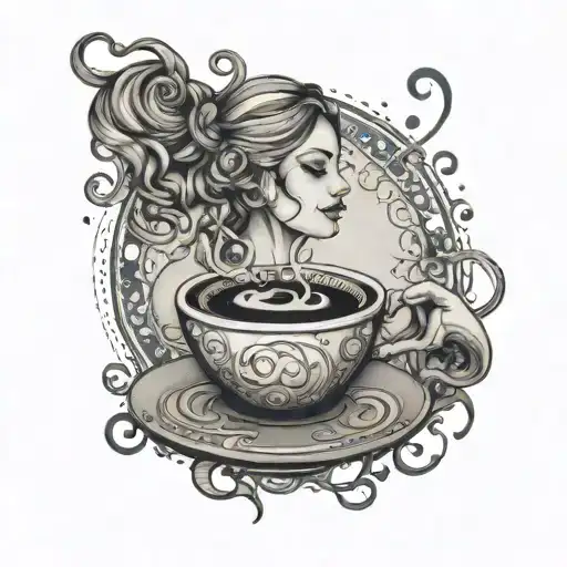 A tattoo design of a lost person holding a coffee cup and listening to music, symbolizing the client's empathy for lost souls and their love for coffee and music tattoo design idea