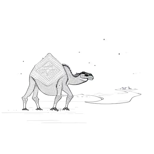 a camel with a gecko lizard on his back, crossing a river and walking towards the horizon  tattoo design idea