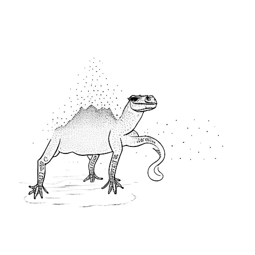 a camel with a gecko lizard on his back, crossing a river and walking towards the horizon  tattoo design idea