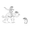 a camel with a gecko lizard on his back, crossing a river and walking towards the horizon  tattoo design idea