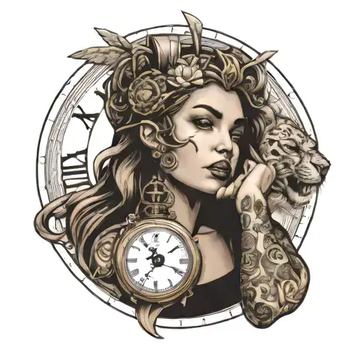 Full sleeve with image of woman's face with finger in front of mouth to say sssh with a lion's head a clock with Roman n tattoo design idea