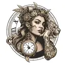 Full sleeve with image of woman's face with finger in front of mouth to say sssh with a lion's head a clock with Roman n tattoo design idea