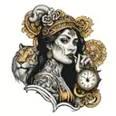 Full sleeve with image of woman's face with finger in front of mouth to say sssh with a lion's head a clock with Roman n tattoo design idea