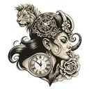 Full sleeve with image of woman's face with finger in front of mouth to say sssh with a lion's head a clock with Roman n tattoo design idea