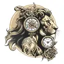Full sleeve with image of woman's face with finger in front of mouth to say sssh with a lion's head a clock with Roman n tattoo design idea