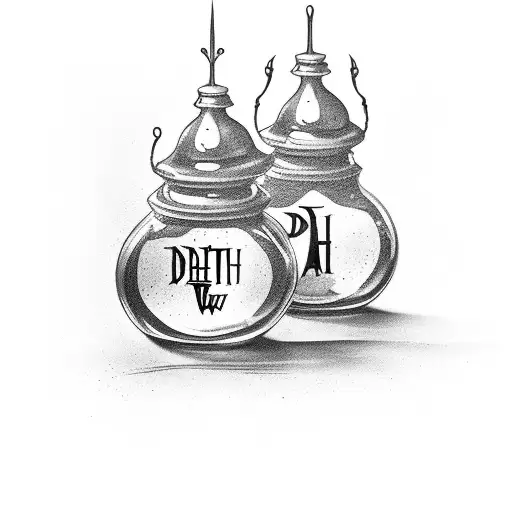 two potion bottles with death a and love potion tattoo design idea