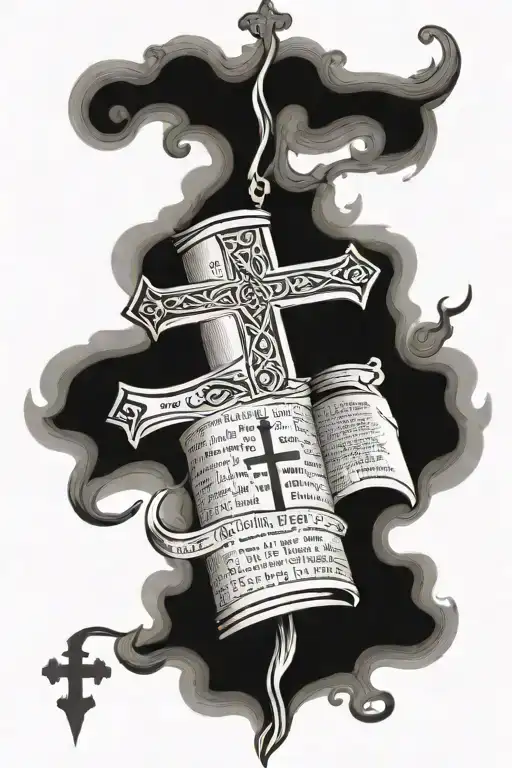 burnt scroll with a cross and bible verses flowing tattoo design idea