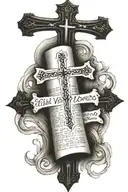 burnt scroll with a cross and bible verses flowing tattoo design idea