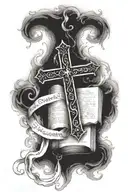 burnt scroll with a cross and bible verses flowing tattoo design idea
